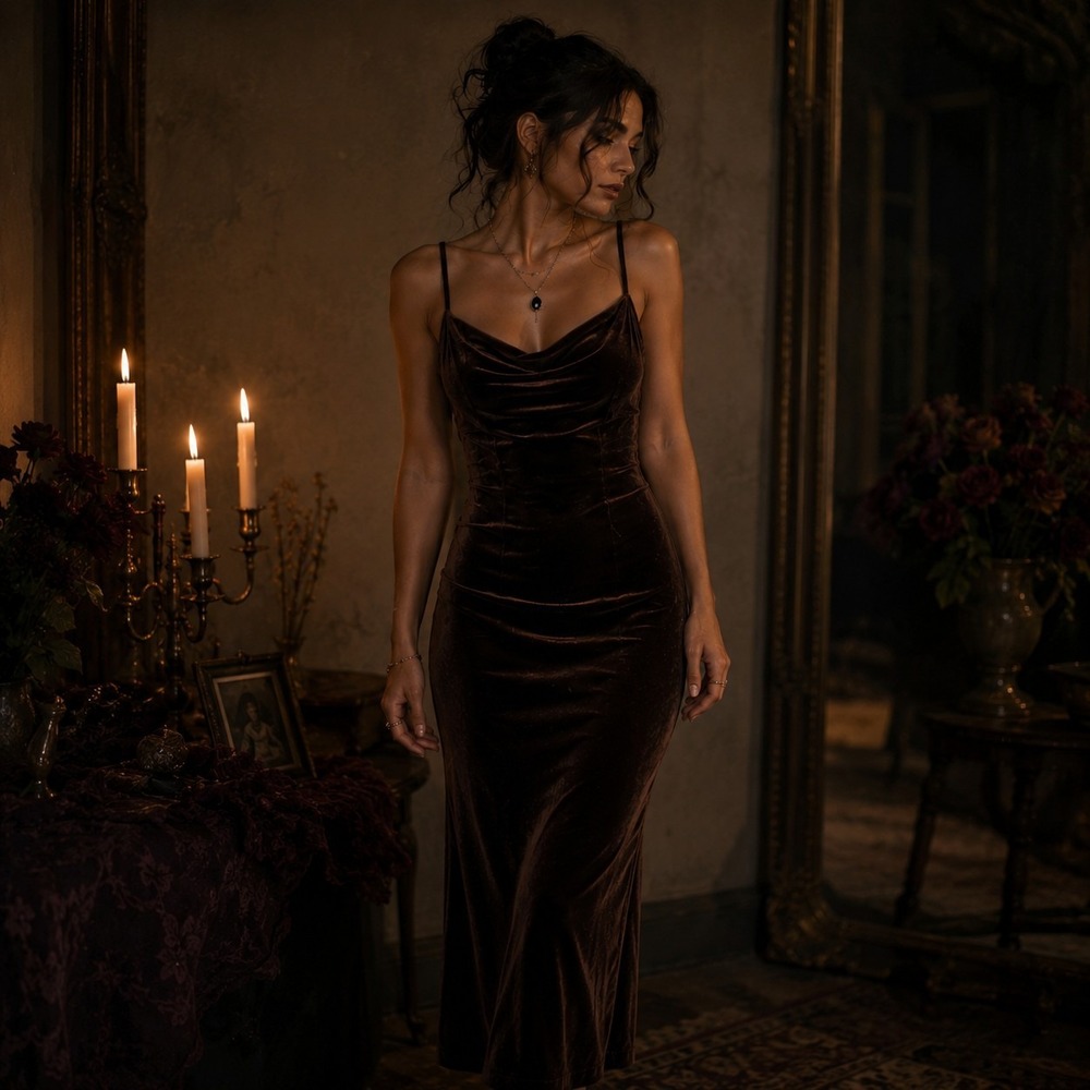 VTG Y2K AGB Velvet Maxi Dress 16 Dark Espresso Brown Whimsigoth Fairy Vampy